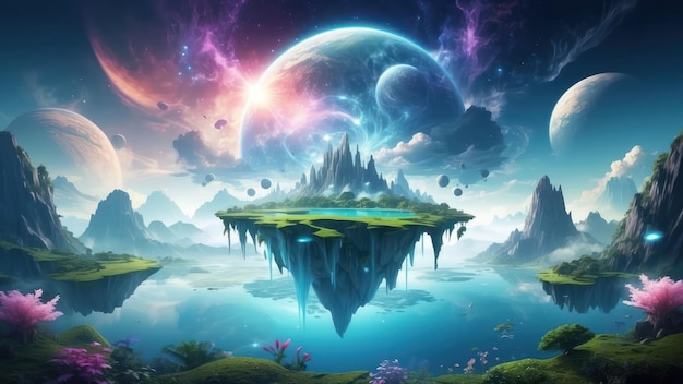 Photo virtual reality dreamscape background with surreal landscape and floating planets