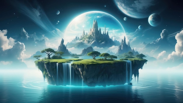 Photo virtual reality dreamscape background with surreal landscape and floating planets