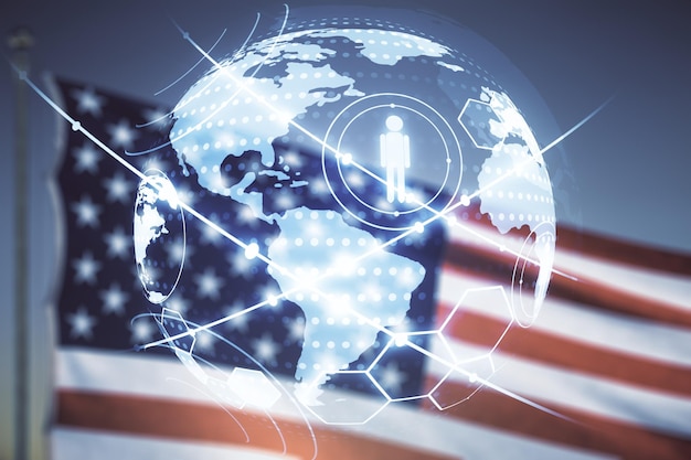 Photo virtual social network hologram and world map on usa flag and sunset sky background multiexposure