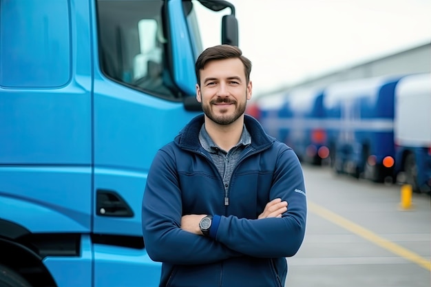 Vrachtwagenchauffeur glimlach vertrouwen jonge man professionele chauffeur voor een grote vrachtwagen trucker snelweg vrachtindustrie generatieve AI illustratie