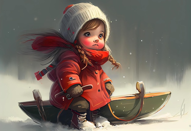 A warmly dressed girl sledding down a hill in winter