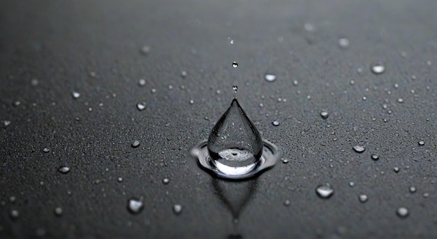 Photo a water drop on a black surface with water droplets