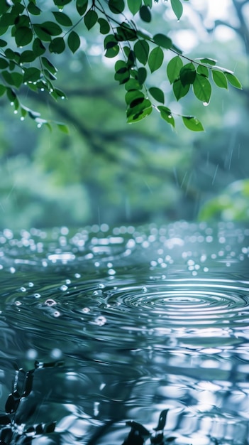 Photo water droplets fall onto a still pond creating gentle ripples