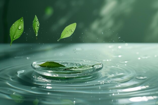 Photo water droplets and a green leaf on a glass surface