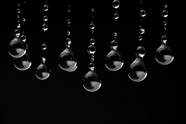 Photo water drops fall isolated in black background and copy space