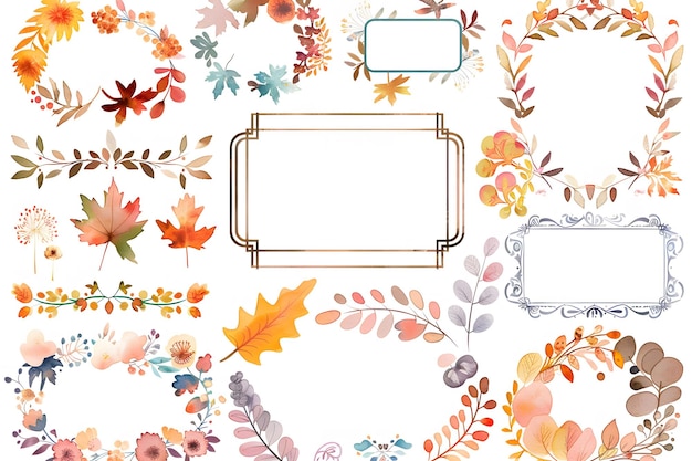 Photo watercolor autumn floral frame set white background clipart