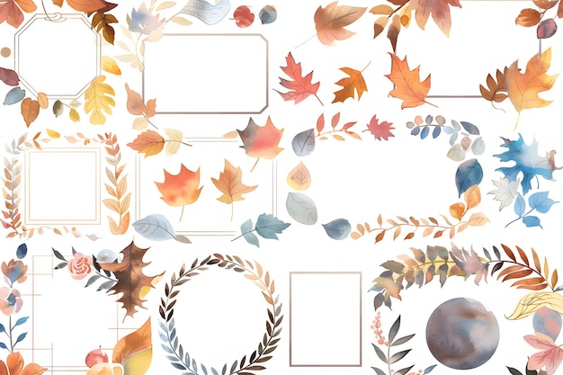 Photo watercolor autumn floral frame set white background clipart