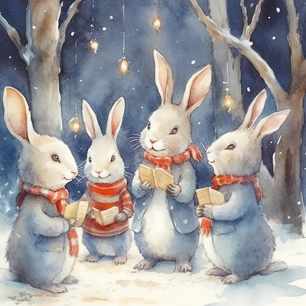 Watercolor bunnies in clothes singing Christmas tree Illustration AI Generative