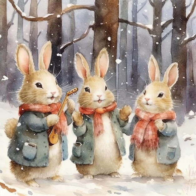 Watercolor bunnies in clothes singing Christmas tree Illustration AI Generative