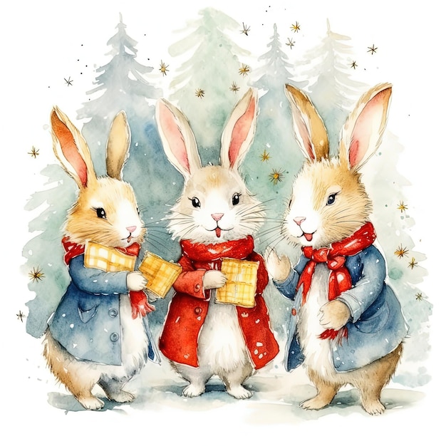 Watercolor bunnies in clothes singing Christmas tree Illustration AI Generative