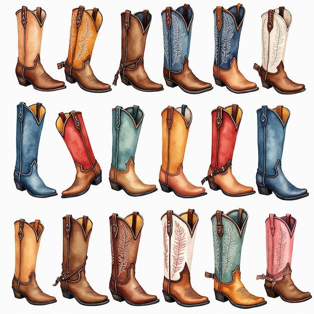 Photo watercolor drawn 15 different pairs of cowboy boots arranged in a grid on a white background