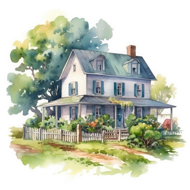 Watercolor fantasy farmhouse illustration