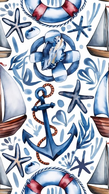 Watercolor hand drawn seamless pattern with a nautical theme lifebuoy anchor starfish sailboat