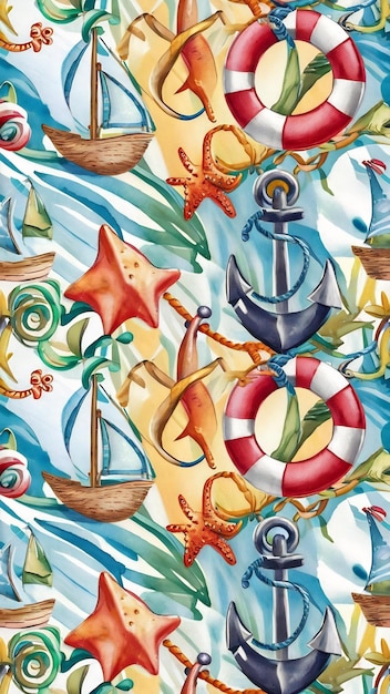 Watercolor hand drawn seamless pattern with a nautical theme lifebuoy anchor starfish sailboat