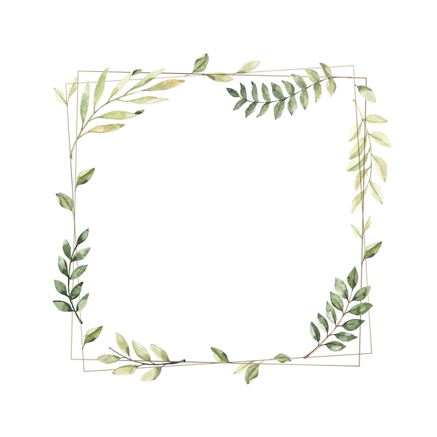 Watercolor illustration. Geometric golden frame with botanical branches and leaves. Greenery.