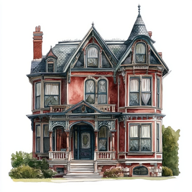 Photo watercolor illustration of a neovictorian townhouse on white background