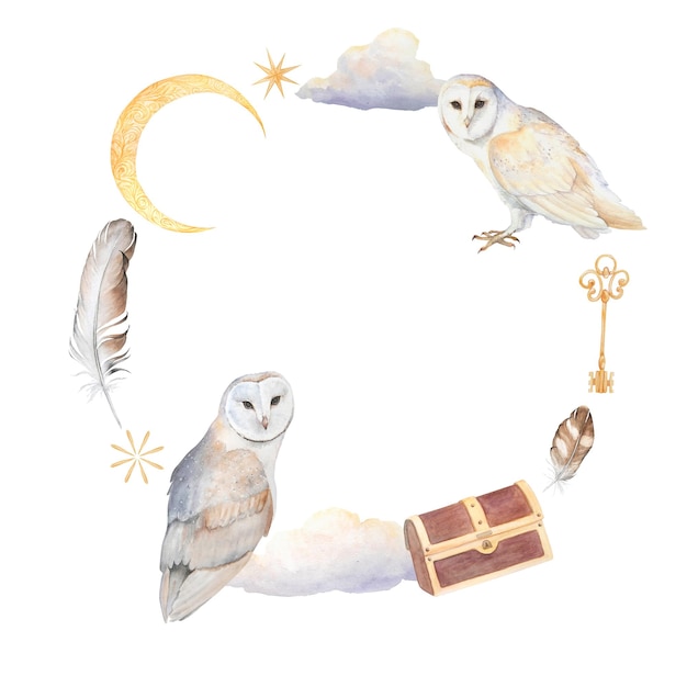 Photo watercolor illustration of wreath circle with barn owl moon feather chest key clouds isolated round composition