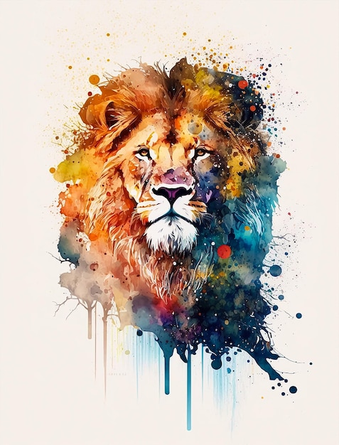 Watercolor lion cartoon style. Minimalist style, infinite color, particule effect hair. AI Generate