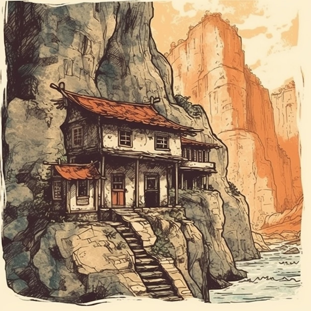 Photo watercolor painting of an ancient house