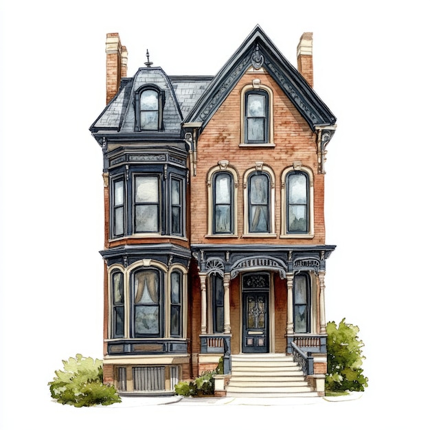 Photo watercolor painting of a neovictorian townhouse isolated on white background