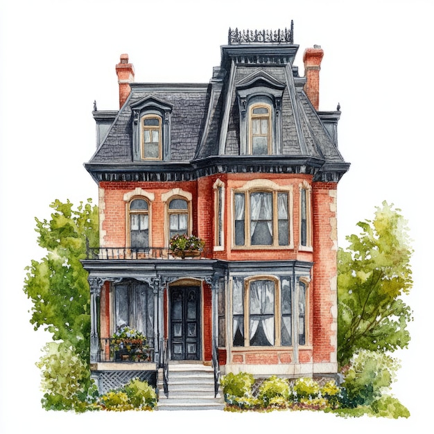 Photo watercolor painting of a neovictorian townhouse on white background