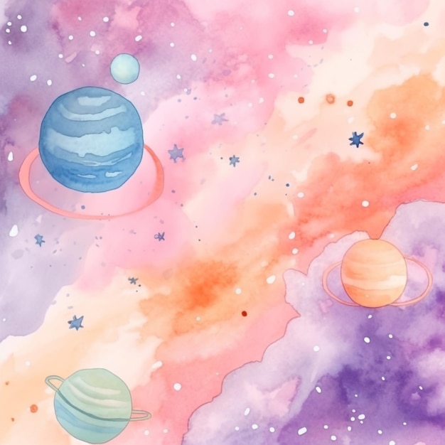 Watercolor planets on a pink and purple background