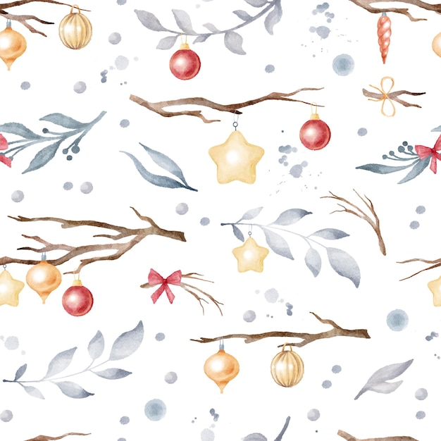 Watercolor seamless pattern winter decorative twigs. Branches with Christmas decorations balls stars