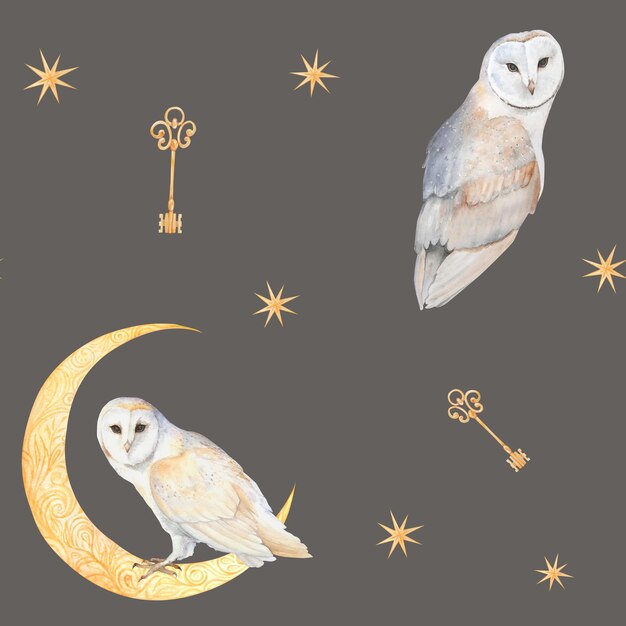 Photo watercolor seamless pattern with owls moon chest feathers keys