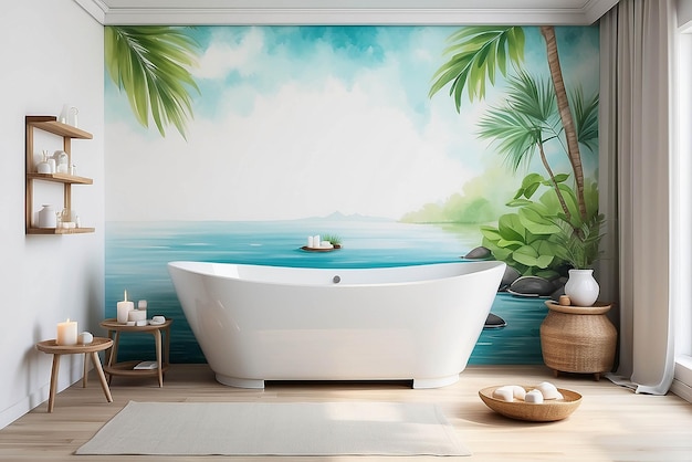 Waterverf schilderijen in een spa ontspanningsruimte mockup met lege witte lege ruimte voor het plaatsen van uw ontwerp