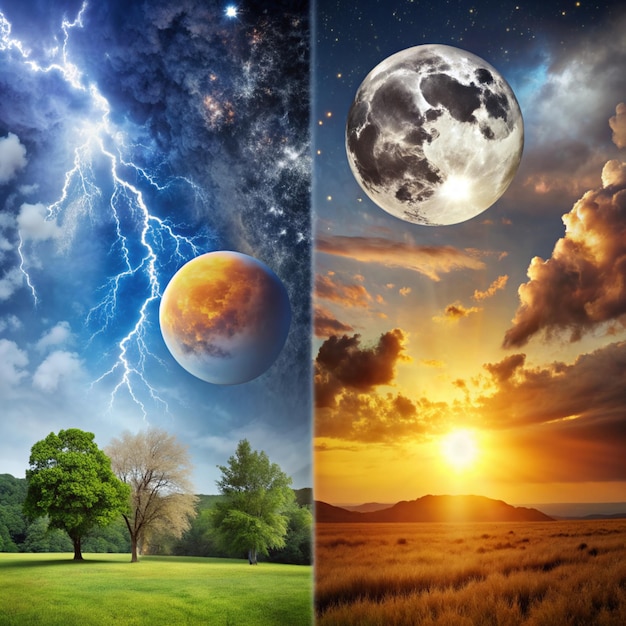 Photo weather forecast collage day and night light and darkness sun opposites in nature day and night light and darkness sun and moon weather forecast collage