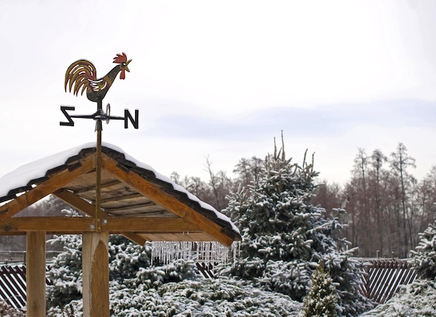 A weather vane on the roof of a house in winter