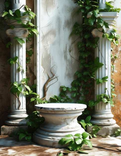 Weathered white podiums surrounded by lush green vines against rustic stone walls creating an elegant natural atmosphere