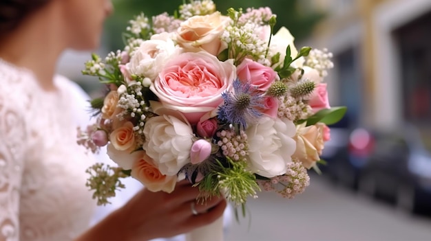 Wedding bouquet in the hands of the bride and groom