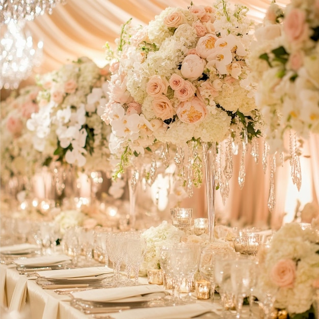 Foto un matrimonio con un sontuoso arrangiamento floreale e un'elegante festa nuziale