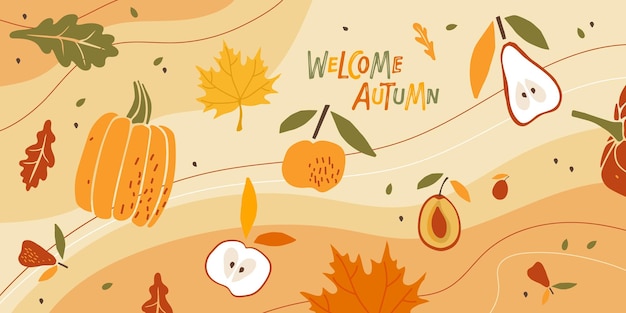 Photo welcome autumn banner abstract autumn background fall poster with apple pears pumpkin plum plant in