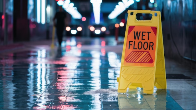 Photo a wet floor sign on a sidewalk in the rain ai