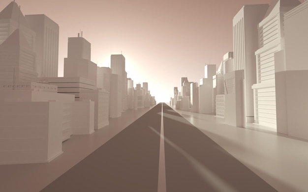 Wet surface road leading to mega city on white background