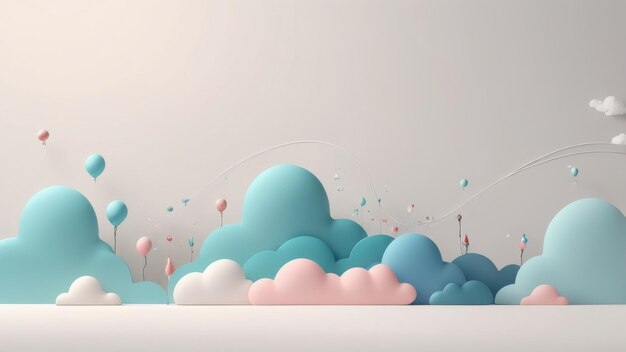 Photo whimsical 3d cloudscape with pastel balloons and white background