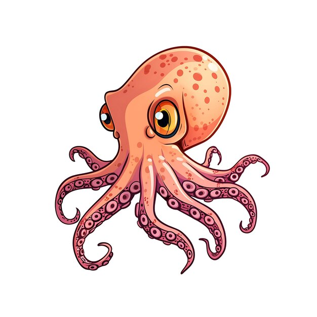 A whimsical cartoon squid with big blue eyes and rosy spotted skin extending its tentacles outward