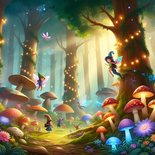 Photo whimsical forest magic_ unicorns fairies and colorful mushrooms