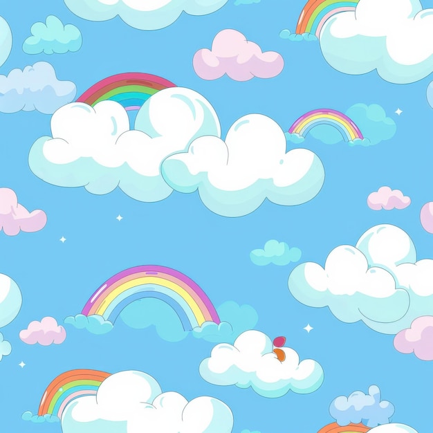 Whimsical rainbows and clouds in a pastel blue sky