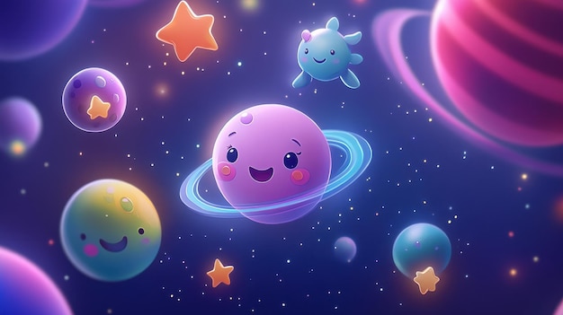 Photo a whimsical space scene featuring cheerful planets stars and a cute character