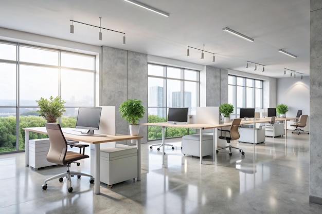 White brick open space office interior with a concrete floor a blank wall fragment and a row of computer desks along the wall Side view