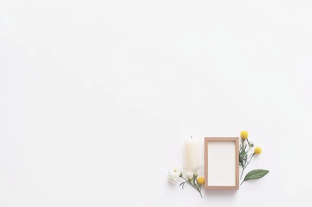 Photo white candle with yellow flowers and empty frame for memorial