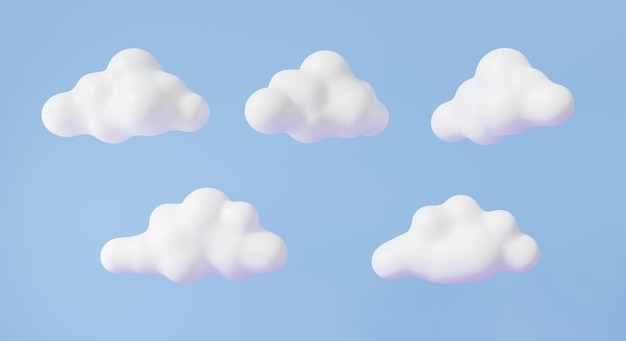 White clouds cute smooth floating on sky blue background Minimal cartoon fluffy illustration 3d rendering