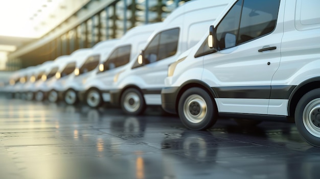 White delivery transportation fleet deployed in clusters at the packing facility and space Generative AI