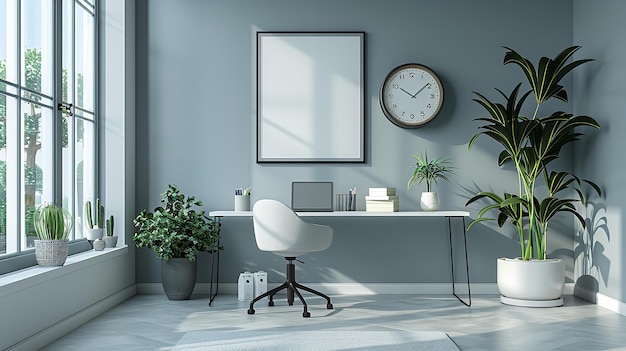 a white desk with a clock on the wall and a plant in the corner