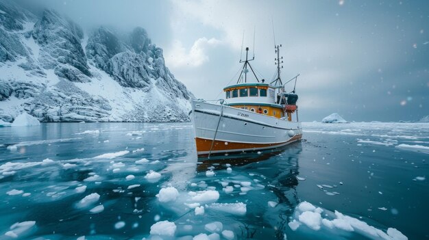 Photo a white fishing boat sits in calm waters amidst snowcovered mountains and floating ice