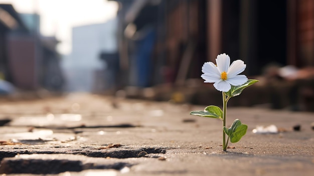 White flower on the cement floor with blurred city backgroundsoft focus