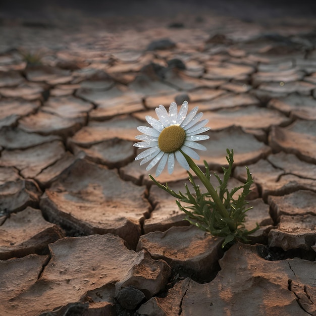 Foto un fiore bianco al centro di una terra secca e spaccata